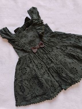 Super Cute Olive Green Eyelet Embroidery Patterned Dress | 2T